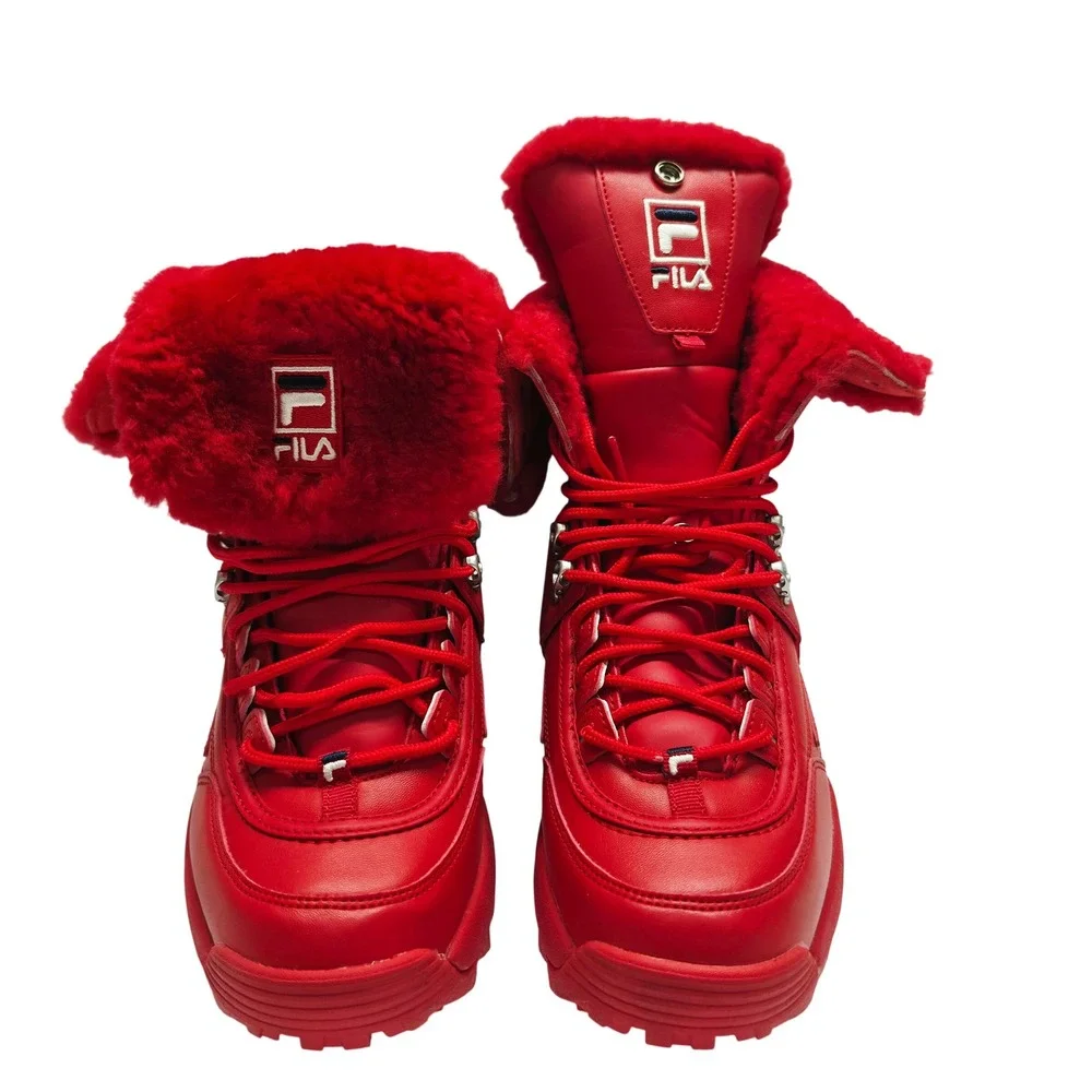 FILA Disruptor Shearling Boots Womens Red Faux Fur Chunky Sneaker Boots 5WJ00018